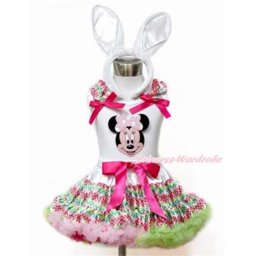White Tank Top with Rainbow Wave Ruffles & Hot Pink Bow with Light Pink Minnie Print & Rainbow Wave Pettiskirt With White Rabbit Headband MG1097 