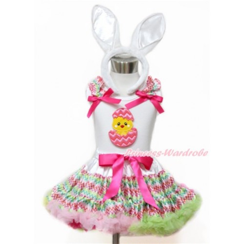 Easter White Tank Top with Rainbow Wave Ruffles & Hot Pink Bow with Chick Egg Print & Rainbow Wave Pettiskirt With White Rabbit Headband MG1098 