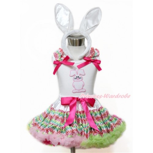 Easter White Tank Top with Rainbow Wave Ruffles & Hot Pink Bow with Bunny Rabbit Print & Rainbow Wave Pettiskirt With White Rabbit Headband MG1099 