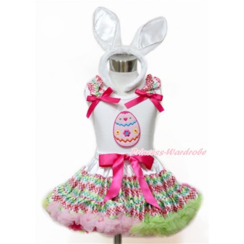 Easter White Tank Top with Rainbow Wave Ruffles & Hot Pink Bow with Easter Egg Print & Rainbow Wave Pettiskirt With White Rabbit Headband MG1101 