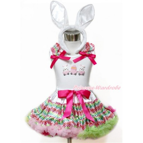 Easter White Tank Top with Rainbow Wave Ruffles & Hot Pink Bow with Bunny Rabbit Egg Print & Rainbow Wave Pettiskirt With White Rabbit Headband MG1102 