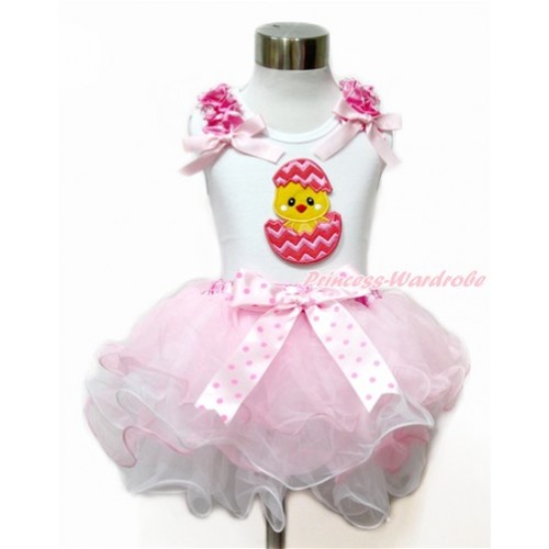 Easter White Tank Top With Hot Pink White Dots Ruffles & Light Pink Bow & Chick Egg Print With Light Hot Pink Dots Bow Hot Pink White Dots Waist Light Pink White Petal Pettiskirt MG1106 