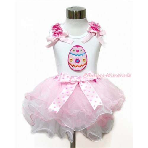 Easter White Tank Top With Hot Pink White Dots Ruffles & Light Pink Bow & Easter Egg Print With Light Hot Pink Dots Bow Hot Pink White Dots Waist Light Pink White Petal Pettiskirt MG1107 