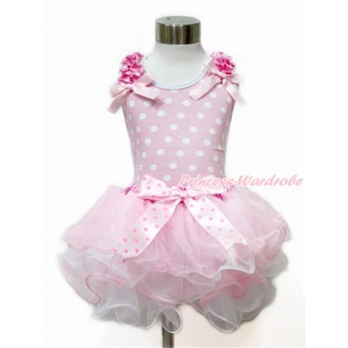 Light Pink White Dots Tank Top With Hot Pink White Dots Ruffles & Light Pink Bows With Light Hot Pink Dots Bow Hot Pink White Dots Waist Light Pink White Petal Pettiskirt MH176 