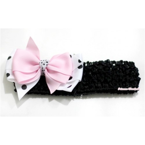 Black Headband with Light Pink & White Black Polka Dots Ribbon Bow Hair Clip H581 