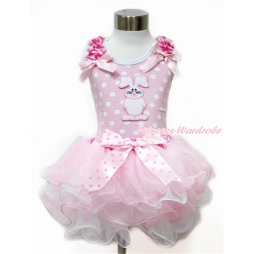 Easter Light Pink White Dots Tank Top With Hot Pink White Dots Ruffles & Light Pink Bow & Bunny Rabbit Print With Light Hot Pink Dots Bow Hot Pink White Polka Dots Waist Light Pink White Petal Pettiskirt MH178 