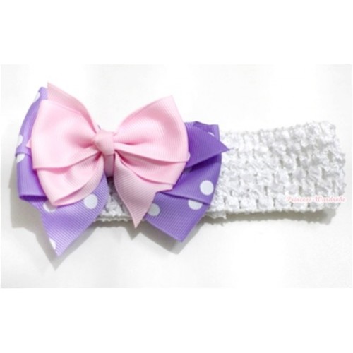 White Headband with Light Pink & Lavender White Polka Dots Ribbon Bow Hair Clip H584 