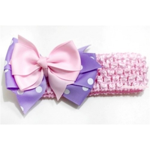 Light Pink Headband with Light Pink & Lavender White Polka Dots Ribbon Bow Hair Clip H587 