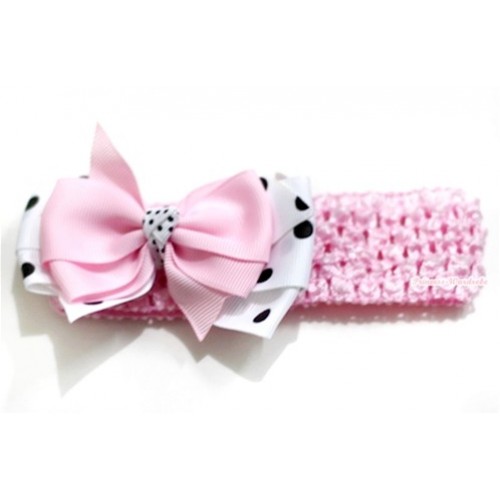Light Pink Headband with Light Pink & White Black Polka Dots Ribbon Bow Hair Clip H588 