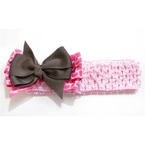 Light Pink Headband with Brown & Hot Pink Giraffe Ribbon Bow Hair Clip H589 