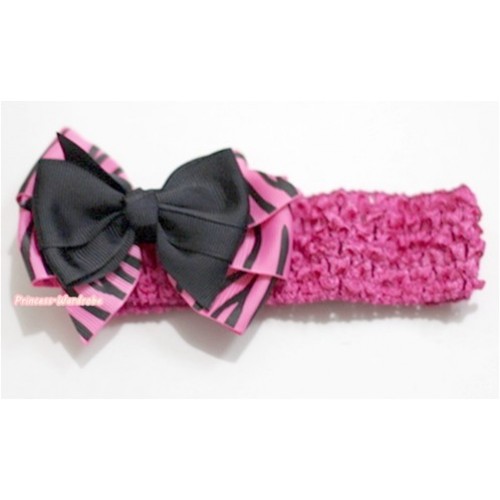 Hot Pink Headband with Black & Hot Pink Zebra Ribbon Bow Hair Clip H590 