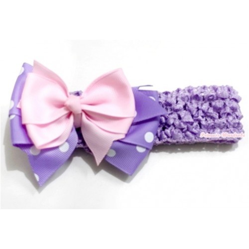 Dark Purple Headband with Light Pink & Lavender White Polka Dots Ribbon Bow Hair Clip H591 