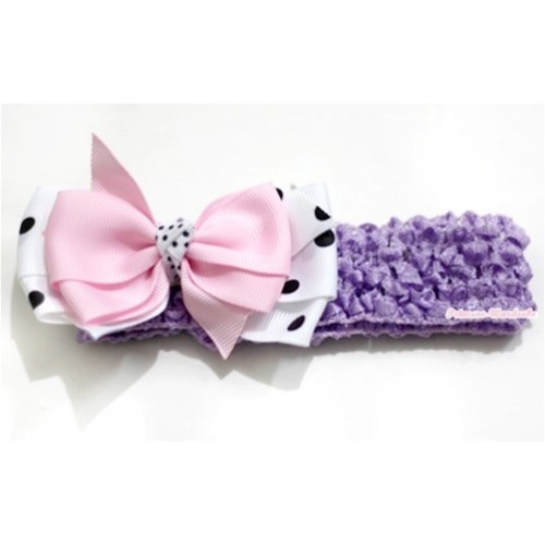 Dark Purple Headband with Light Pink & White Black Polka Dots Ribbon Bow Hair Clip H592 