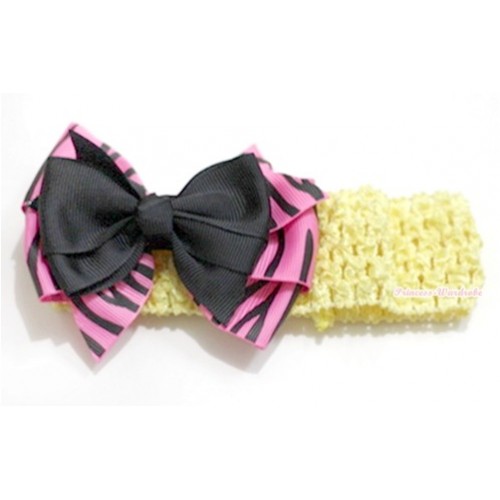 Yellow Headband with Black & Hot Pink Zebra Ribbon Bow Hair Clip H594 
