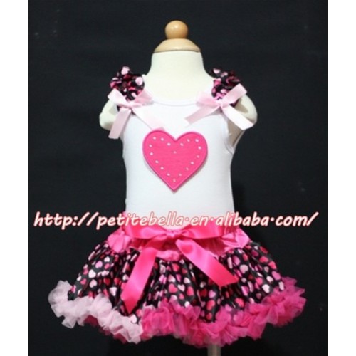 White Baby Pettitop & Hot Pink Heart & Hot Pink Heart Ruffles & Light Pink Bows with Hot Pink Heart Baby Pettiskirt NG329 