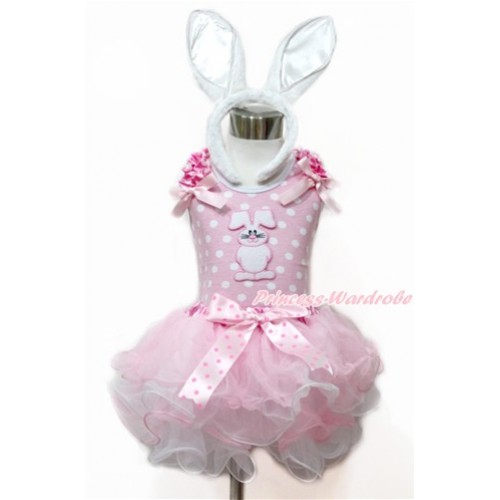 Easter Light Pink White Dots Tank Top With Hot Pink White Dots Ruffles & Light Pink Bow & Bunny Rabbit Print With Light Hot Pink Dots Bow Hot Pink White Polka Dots Waist Light Pink White Petal Pettiskirt With White Rabbit Headband MH185 