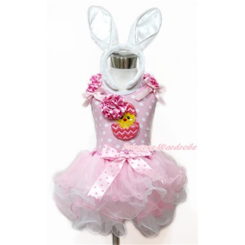 Easter Light Pink White Dots Tank Top With Hot Pink White Dots Ruffles & Light Pink Bow & 3D Hot Pink White Dots Rose Chick Egg With Light Hot Pink Dots Bow Hot Pink White Polka Dots Waist Light Pink White Petal Pettiskirt With White Rabbit Headband MH187