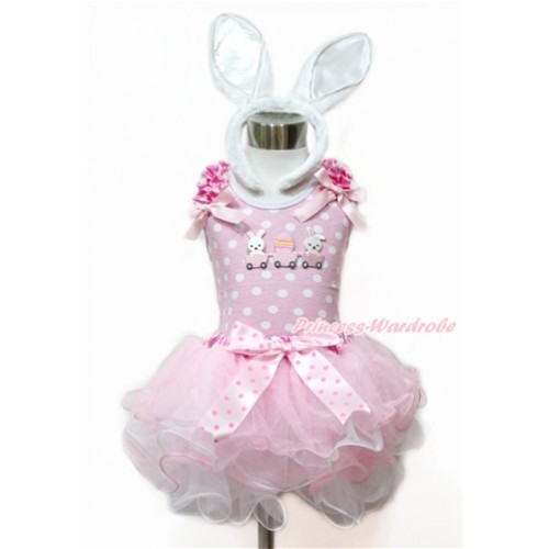 Easter Light Pink White Dots Tank Top With Hot Pink White Dots Ruffles & Light Pink Bow & Bunny Rabbit Egg Print With Light Hot Pink Dots Bow Hot Pink White Polka Dots Waist Light Pink White Petal Pettiskirt With White Rabbit Headband MH188 