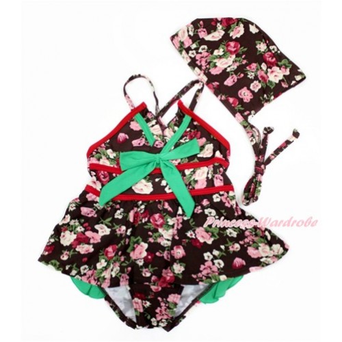 Kelly Green Bow with Black Rose Fusion Swimming Suit with Swim Cap SW74 