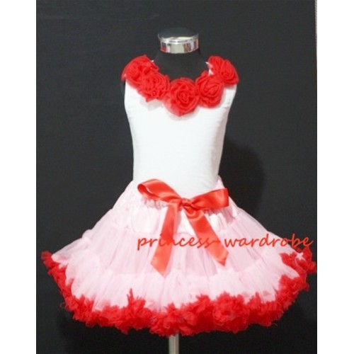 White Tank Tops with Red Rosettes & Light Pink Red Pettiskirt M32 