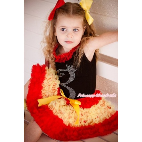 World Cup Black Tank Top With Red Chiffon Lacing & 3rd Sparkle Crystal Bling Rhinestone Birthday Number Print With Spain Red Yellow Ruffles Pettiskirt MG1113 