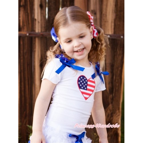 White Short Sleeves Top With Patriotic American Stars Ruffles & Royal Blue Bow With Patriotic American Heart Print TS22 