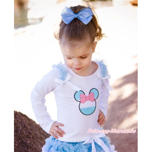 World Cup White Long Sleeves Top With Light Blue Ruffles & White Bow with Sparkle Light Pink Argentina Minnie Print TW453 