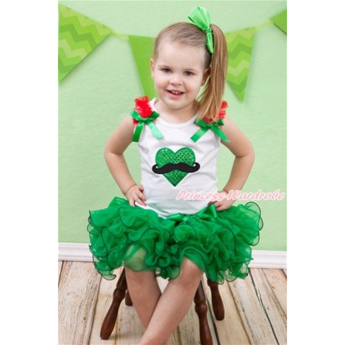 Valentine's Day White Tank Top With Red Ruffles & Kelly Green Bow & Mustache Sparkle Kelly Green Heart Print With Kelly Green Bow Kelly Green Petal Pettiskirt MG1118 