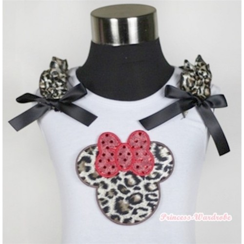 White Tank Top With Leopard Minnie Print with Black Leopard Ruffles & Black Bow TB346 
