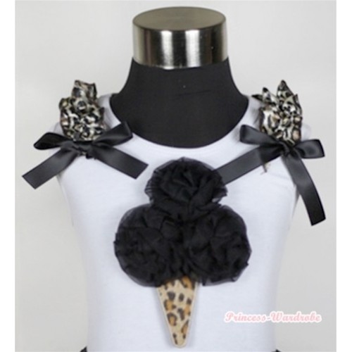 White Tank Top With Black Rosettes Leopard Ice Cream Print with Black Leopard Ruffles & Black Bow TB347 