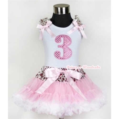 White Tank Top with 3rd Sparkle Light Pink Birthday Number Print with Light Pink Leopard Ruffles & Light Pink Bow & Light Pink Leopard Waist Light Pink White Pettiskirt MG435 