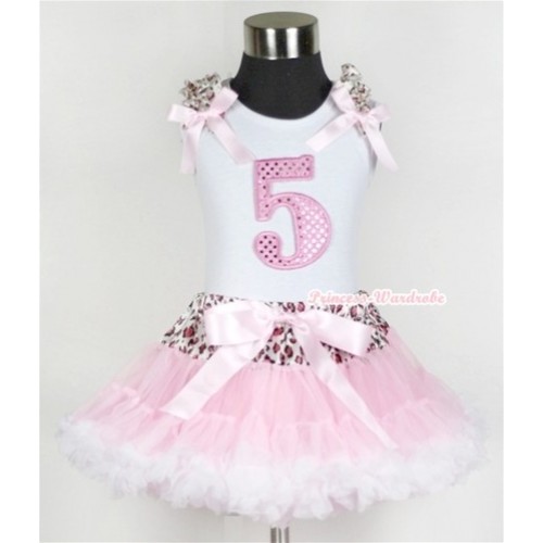 White Tank Top with 5th Sparkle Light Pink Birthday Number Print with Light Pink Leopard Ruffles & Light Pink Bow & Light Pink Leopard Waist Light Pink White Pettiskirt MG437 