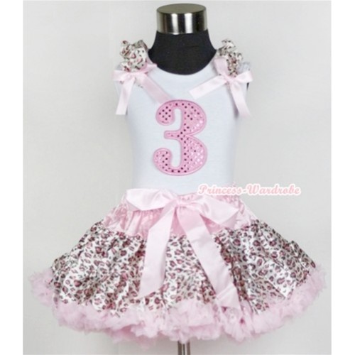 White Tank Top with 3rd Sparkle Light Pink Birthday Number Print with Light Pink Leopard Ruffles & Light Pink Bow & Light Pink Leopard Pettiskirt MG550 