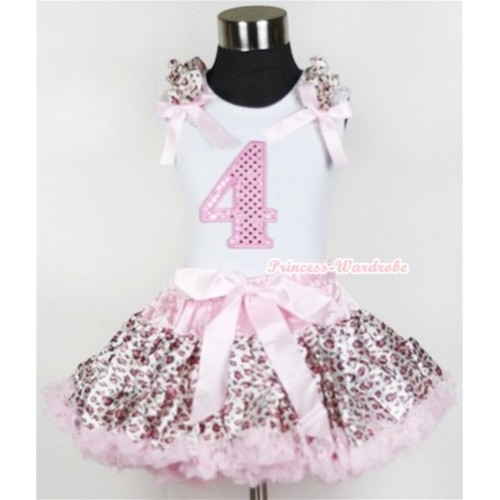 White Tank Top with 4th Sparkle Light Pink Birthday Number Print with Light Pink Leopard Ruffles & Light Pink Bow & Light Pink Leopard Pettiskirt MG551 