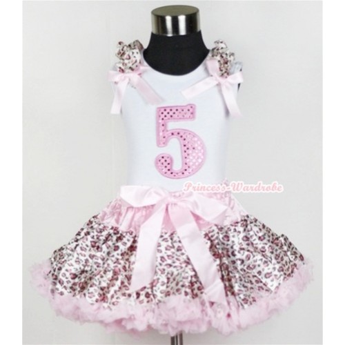 White Tank Top with 5th Sparkle Light Pink Birthday Number Print with Light Pink Leopard Ruffles & Light Pink Bow & Light Pink Leopard Pettiskirt MG552 