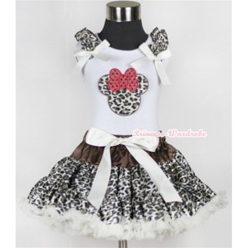 White Tank Top with Leopard Minnie Print with Leopard Ruffles & Cream White Bow & Cream White Leopard Pettiskirt MG561 