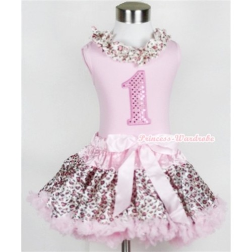 Light Pink Tank Top With Light Pink Leopard Satin Lacing With 1st Sparkle Light Pink Birthday Number Print with Light Pink Leopard Pettiskirt M310 