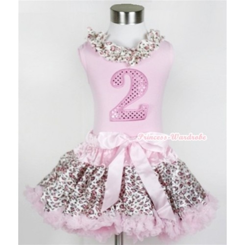 Light Pink Tank Top With Light Pink Leopard Satin Lacing With 2nd Sparkle Light Pink Birthday Number Print with Light Pink Leopard Pettiskirt M311 