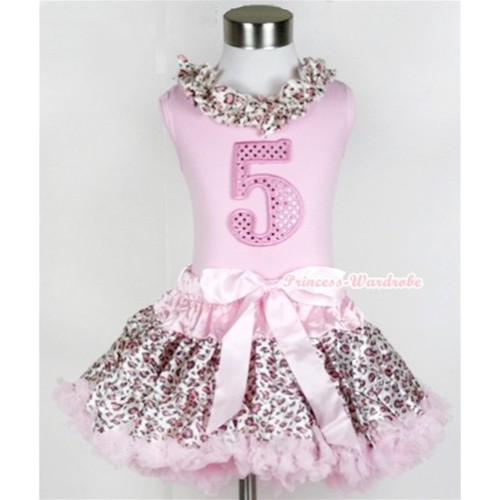 Light Pink Tank Top With Light Pink Leopard Satin Lacing With 5th Sparkle Light Pink Birthday Number Print with Light Pink Leopard Pettiskirt M314 