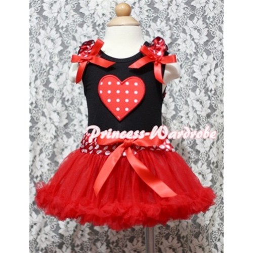 Red White Polka Dots Heart Print Black Baby Pettitop & Minnie Ruffles & Red Bows with Minnie Waist Baby Pettiskirt NG340 