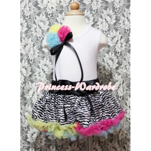 White Baby Pettitop & Bunch of Yellow Blue Hot Pink Rosettes & Black Ribbon with Rainbow Zebra Baby Pettiskirt NG349 