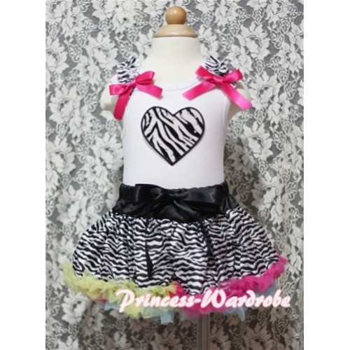 White Baby Pettitop & Zebra Heart & Zebra Ruffles & Hot Pink Bows with Rainbow Zebra Baby Pettiskirt NG352 