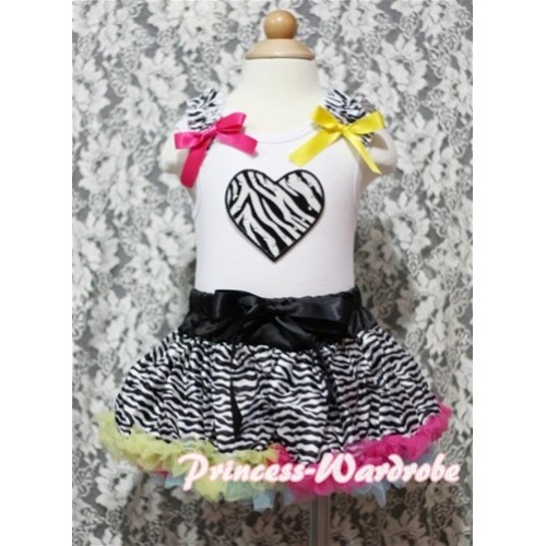 White Baby Pettitop & Zebra Heart & Zebra Ruffles & Hot Pink Yellow Bows with Rainbow Zebra Baby Pettiskirt NG353 