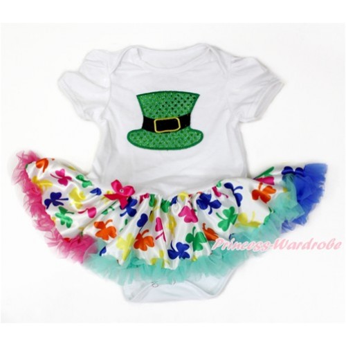 White Baby Jumpsuit Rainbow Clover Pettiskirt with Sparkle Kelly Green Hat Print JS3213 