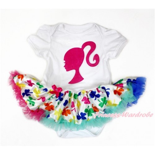 White Baby Jumpsuit Rainbow Clover Pettiskirt with Hot Pink Barbie Princess Print JS3215 