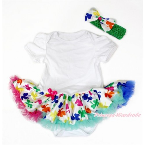 White Baby Bodysuit Jumpsuit Rainbow Clover Pettiskirt With Kelly Green Headband Rainbow Clover Satin Bow JS3221 