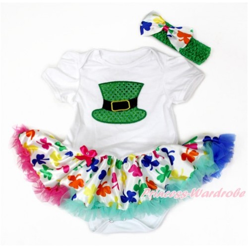 White Baby Bodysuit Jumpsuit Rainbow Clover Pettiskirt With Sparkle Kelly Green Hat Print With Kelly Green Headband Rainbow Clover Satin Bow JS3225 