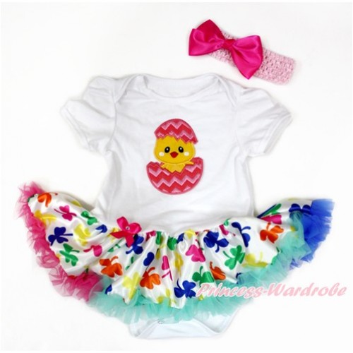 Easter White Baby Bodysuit Jumpsuit Rainbow Clover Pettiskirt With Chick Egg Print With Light Pink Headband Hot Pink Silk Bow JS3230 