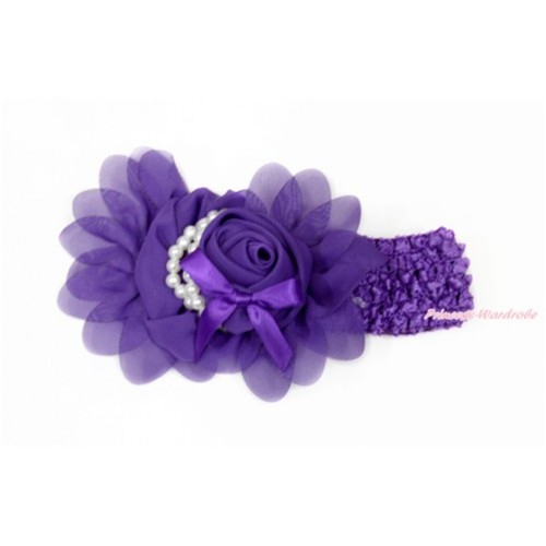 Dark Purple Headband With Dark Purple Petal Crystal Pearl Bow Rosettes Hair Clip H822 
