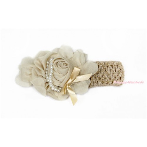 Khaki Headband With Khaki Petal Crystal Pearl Bow Rosettes Hair Clip H823 